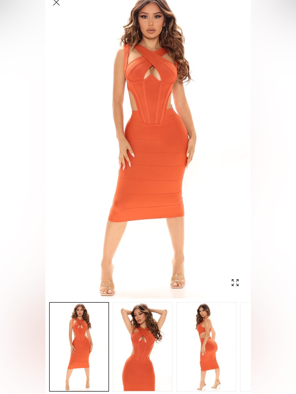 Fashion Nova Orange Bodycon Cross-Front Corset Midi Dress